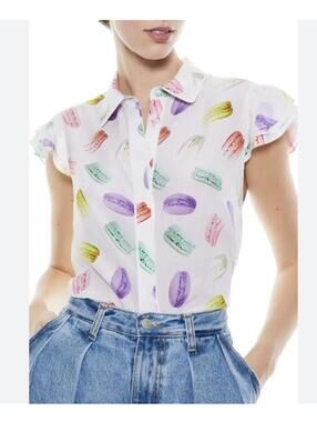 White Button-Up Blouse with Colorful Macaron Print